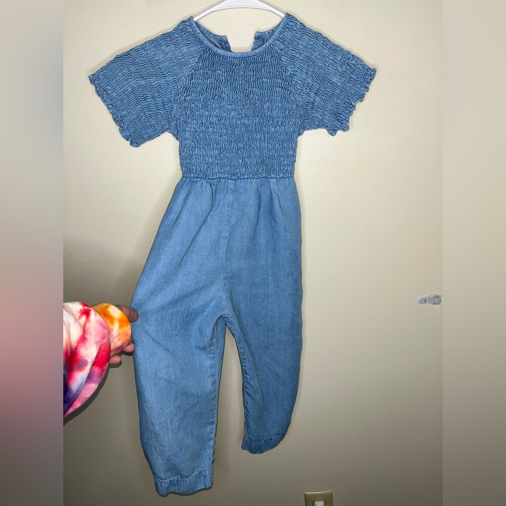 Zara Girls Blue Denim Jumpsuit Ruched Top Size 4-5 EUC